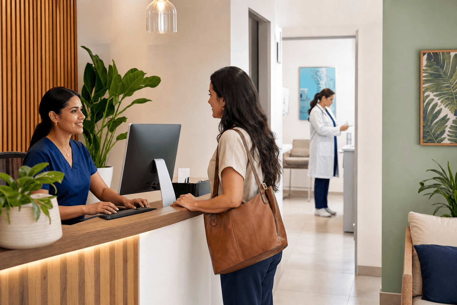 Recepcionista atendiendo a una paciente en una clínica moderna