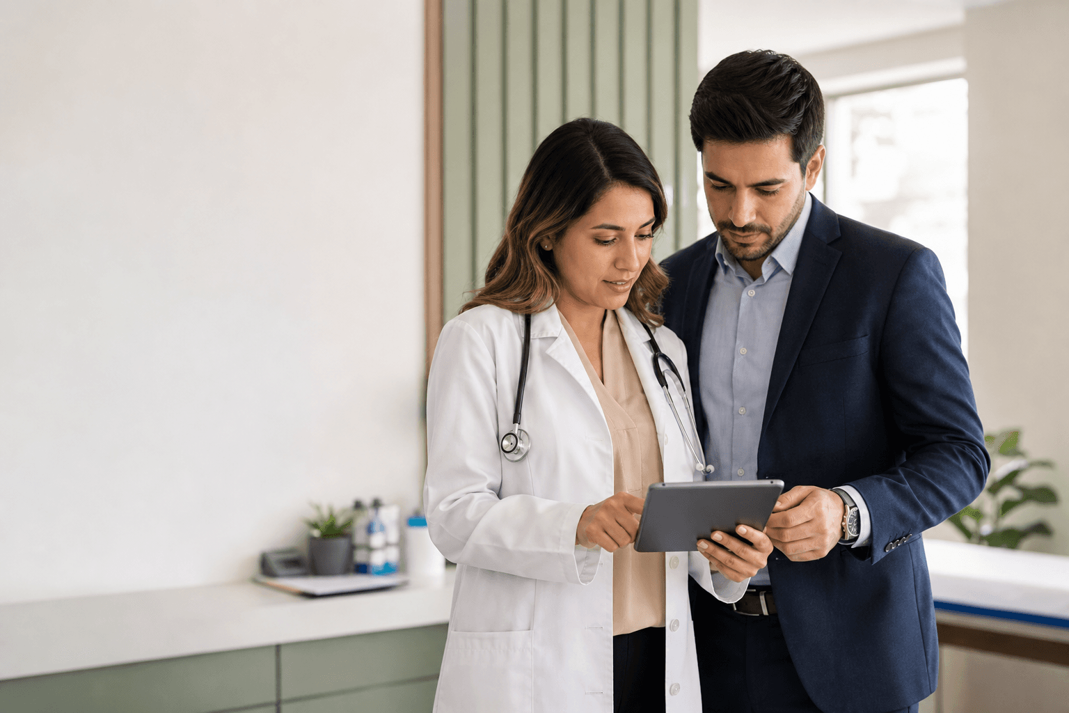 Doctora y administrador de una clínica revisando su operación digital